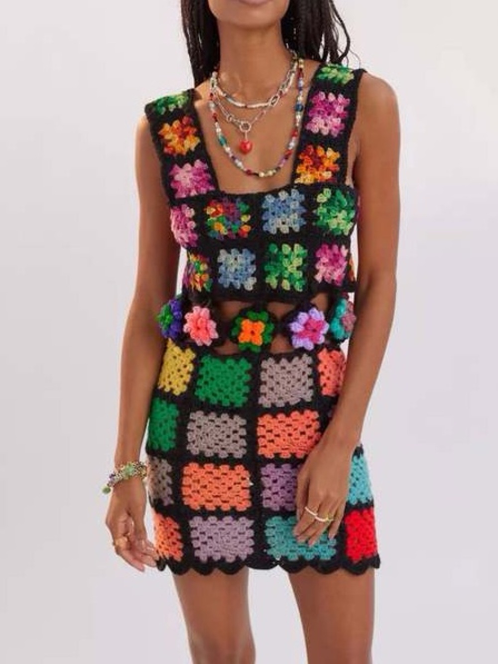 The Series NY Handmade Multicolor Granny Square Crochet Dress in Gabs